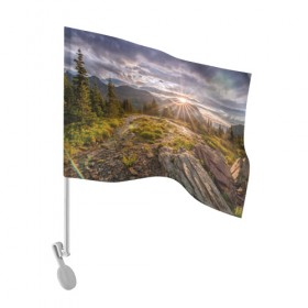 Флаг для автомобиля с принтом Восход в Петрозаводске, 100% полиэстер | Размер: 30*21 см | горы | лес | небо | пейзаж | природа | солнце