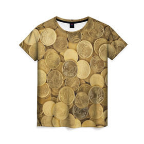 Женская футболка 3D с принтом монетки в Петрозаводске, 100% полиэфир ( синтетическое хлопкоподобное полотно) | прямой крой, круглый вырез горловины, длина до линии бедер | деньги | евро | копейки | мелочёвка | мелочь | монеты