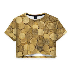 Женская футболка 3D укороченная с принтом монетки в Петрозаводске, 100% полиэстер | круглая горловина, длина футболки до линии талии, рукава с отворотами | деньги | евро | копейки | мелочёвка | мелочь | монеты