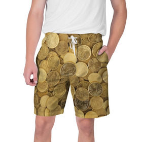 Мужские шорты 3D с принтом монетки в Петрозаводске,  полиэстер 100% | прямой крой, два кармана без застежек по бокам. Мягкая трикотажная резинка на поясе, внутри которой широкие завязки. Длина чуть выше колен | деньги | евро | копейки | мелочёвка | мелочь | монеты