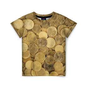 Детская футболка 3D с принтом монетки в Петрозаводске, 100% гипоаллергенный полиэфир | прямой крой, круглый вырез горловины, длина до линии бедер, чуть спущенное плечо, ткань немного тянется | деньги | евро | копейки | мелочёвка | мелочь | монеты