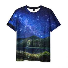 Мужская футболка 3D с принтом Ночная природа в Петрозаводске, 100% полиэфир | прямой крой, круглый вырез горловины, длина до линии бедер | Тематика изображения на принте: горы | звезды | небо | озеро | природа