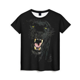 Женская футболка 3D с принтом Чёрная пантера в Петрозаводске, 100% полиэфир ( синтетическое хлопкоподобное полотно) | прямой крой, круглый вырез горловины, длина до линии бедер | кошка | оскал | пантера | прикольные картинки