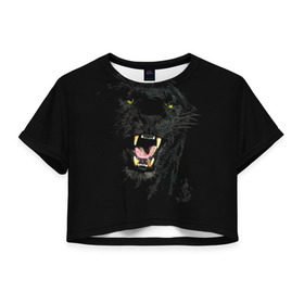 Женская футболка 3D укороченная с принтом Чёрная пантера в Петрозаводске, 100% полиэстер | круглая горловина, длина футболки до линии талии, рукава с отворотами | кошка | оскал | пантера | прикольные картинки