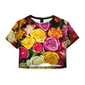 Женская футболка 3D укороченная с принтом Розы в Петрозаводске, 100% полиэстер | круглая горловина, длина футболки до линии талии, рукава с отворотами | букет | растения | розы | цветы
