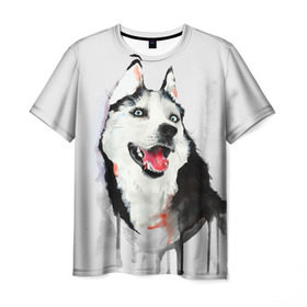 Мужская футболка 3D с принтом Хаски в Петрозаводске, 100% полиэфир | прямой крой, круглый вырез горловины, длина до линии бедер | Тематика изображения на принте: голова животного | кутёнок | прикольные картинки | собака | щенок