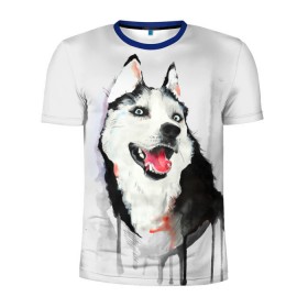 Мужская футболка 3D спортивная с принтом Хаски в Петрозаводске, 100% полиэстер с улучшенными характеристиками | приталенный силуэт, круглая горловина, широкие плечи, сужается к линии бедра | голова животного | кутёнок | прикольные картинки | собака | щенок
