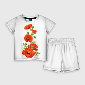 Детский костюм с шортами 3D с принтом Маки в Петрозаводске,  |  | field | flowers | poppies | poppy | red | wild | красные | мак | маки | поле | полевые | цветы