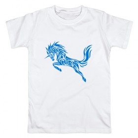 Мужская футболка хлопок с принтом Blue unicorn в Петрозаводске, 100% хлопок | прямой крой, круглый вырез горловины, длина до линии бедер, слегка спущенное плечо. | вектор | грива | единорог | животное | конь | прыгающий | рог | синий | скачущий | существо | тату