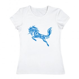 Женская футболка хлопок с принтом Blue unicorn в Петрозаводске, 100% хлопок | прямой крой, круглый вырез горловины, длина до линии бедер, слегка спущенное плечо | вектор | грива | единорог | животное | конь | прыгающий | рог | синий | скачущий | существо | тату