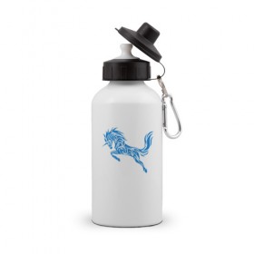 Бутылка спортивная с принтом Blue unicorn в Петрозаводске, металл | емкость — 500 мл, в комплекте две пластиковые крышки и карабин для крепления | вектор | грива | единорог | животное | конь | прыгающий | рог | синий | скачущий | существо | тату