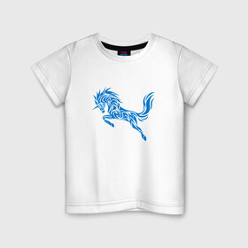 Детская футболка хлопок с принтом Blue unicorn в Петрозаводске, 100% хлопок | круглый вырез горловины, полуприлегающий силуэт, длина до линии бедер | вектор | грива | единорог | животное | конь | прыгающий | рог | синий | скачущий | существо | тату