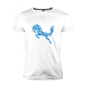 Мужская футболка премиум с принтом Blue unicorn в Петрозаводске, 92% хлопок, 8% лайкра | приталенный силуэт, круглый вырез ворота, длина до линии бедра, короткий рукав | вектор | грива | единорог | животное | конь | прыгающий | рог | синий | скачущий | существо | тату
