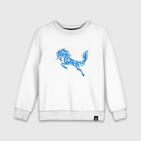 Детский свитшот хлопок с принтом Blue unicorn в Петрозаводске, 100% хлопок | круглый вырез горловины, эластичные манжеты, пояс и воротник | вектор | грива | единорог | животное | конь | прыгающий | рог | синий | скачущий | существо | тату
