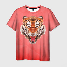 Мужская футболка 3D с принтом Полигональный Тигр в Петрозаводске, 100% полиэфир | прямой крой, круглый вырез горловины, длина до линии бедер | Тематика изображения на принте: красный | полигоны | тигр