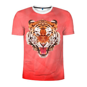 Мужская футболка 3D спортивная с принтом Полигональный Тигр в Петрозаводске, 100% полиэстер с улучшенными характеристиками | приталенный силуэт, круглая горловина, широкие плечи, сужается к линии бедра | красный | полигоны | тигр