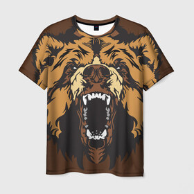 Мужская футболка 3D с принтом Медведь в Петрозаводске, 100% полиэфир | прямой крой, круглый вырез горловины, длина до линии бедер | animal | bear | beast | brown | face | fangs | head | taiga | teeth | wild | бурый | голова | дикий | животное | зверь | клыки | медведь | оскал | тайга