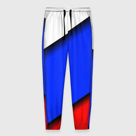 Мужские брюки 3D с принтом Российский флаг в Петрозаводске, 100% полиэстер | манжеты по низу, эластичный пояс регулируется шнурком, по бокам два кармана без застежек, внутренняя часть кармана из мелкой сетки | косой | наклонный | триколор