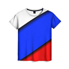 Женская футболка 3D с принтом Российский флаг в Петрозаводске, 100% полиэфир ( синтетическое хлопкоподобное полотно) | прямой крой, круглый вырез горловины, длина до линии бедер | косой | наклонный | триколор