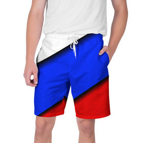 Мужские шорты 3D с принтом Российский флаг в Петрозаводске,  полиэстер 100% | прямой крой, два кармана без застежек по бокам. Мягкая трикотажная резинка на поясе, внутри которой широкие завязки. Длина чуть выше колен | косой | наклонный | триколор