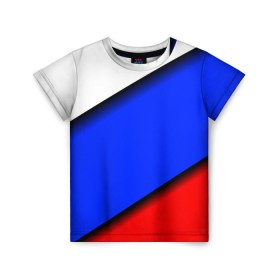 Детская футболка 3D с принтом Российский флаг в Петрозаводске, 100% гипоаллергенный полиэфир | прямой крой, круглый вырез горловины, длина до линии бедер, чуть спущенное плечо, ткань немного тянется | Тематика изображения на принте: косой | наклонный | триколор