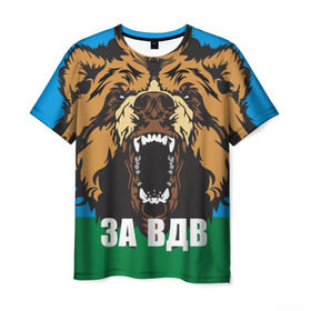 Мужская футболка 3D с принтом ВДВ в Петрозаводске, 100% полиэфир | прямой крой, круглый вырез горловины, длина до линии бедер | airborne troops | animal | bear | flag | head | teeth | tusks | walrus | вдв | голова | животное | клыки | медведь | оскал | флаг