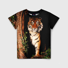 Детская футболка 3D с принтом Тигр в Петрозаводске, 100% гипоаллергенный полиэфир | прямой крой, круглый вырез горловины, длина до линии бедер, чуть спущенное плечо, ткань немного тянется | дикая кошка | лес | природа | тигр | хищник