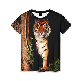 Женская футболка 3D с принтом Тигр в Петрозаводске, 100% полиэфир ( синтетическое хлопкоподобное полотно) | прямой крой, круглый вырез горловины, длина до линии бедер | дикая кошка | лес | природа | тигр | хищник