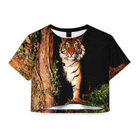 Женская футболка 3D укороченная с принтом Тигр в Петрозаводске, 100% полиэстер | круглая горловина, длина футболки до линии талии, рукава с отворотами | Тематика изображения на принте: дикая кошка | лес | природа | тигр | хищник