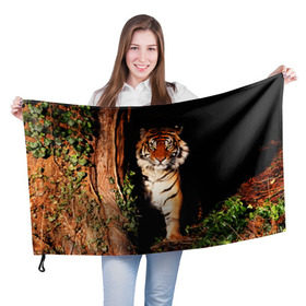Флаг 3D с принтом Тигр в Петрозаводске, 100% полиэстер | плотность ткани — 95 г/м2, размер — 67 х 109 см. Принт наносится с одной стороны | Тематика изображения на принте: дикая кошка | лес | природа | тигр | хищник