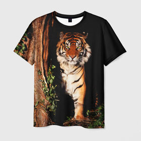 Мужская футболка 3D с принтом Тигр в Петрозаводске, 100% полиэфир | прямой крой, круглый вырез горловины, длина до линии бедер | дикая кошка | лес | природа | тигр | хищник