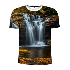 Мужская футболка 3D спортивная с принтом Водопад в Петрозаводске, 100% полиэстер с улучшенными характеристиками | приталенный силуэт, круглая горловина, широкие плечи, сужается к линии бедра | вода | лес | пейзаж | природа