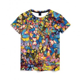Женская футболка 3D с принтом Бабочки в Петрозаводске, 100% полиэфир ( синтетическое хлопкоподобное полотно) | прямой крой, круглый вырез горловины, длина до линии бедер | лето | насекомые | цветы