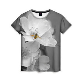 Женская футболка 3D с принтом Пчела на цветах в Петрозаводске, 100% полиэфир ( синтетическое хлопкоподобное полотно) | прямой крой, круглый вырез горловины, длина до линии бедер | лепестки | цветы