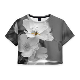 Женская футболка 3D укороченная с принтом Пчела на цветах в Петрозаводске, 100% полиэстер | круглая горловина, длина футболки до линии талии, рукава с отворотами | лепестки | цветы