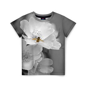 Детская футболка 3D с принтом Пчела на цветах в Петрозаводске, 100% гипоаллергенный полиэфир | прямой крой, круглый вырез горловины, длина до линии бедер, чуть спущенное плечо, ткань немного тянется | Тематика изображения на принте: лепестки | цветы