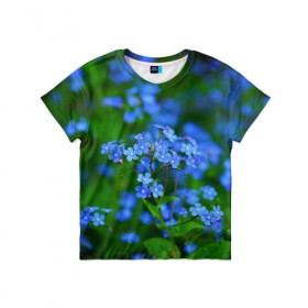 Детская футболка 3D с принтом Синие цветы в Петрозаводске, 100% гипоаллергенный полиэфир | прямой крой, круглый вырез горловины, длина до линии бедер, чуть спущенное плечо, ткань немного тянется | лепестки | прикольные картинки | цветочки | цветы