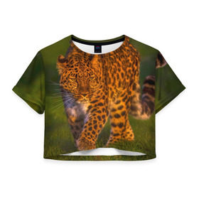 Женская футболка 3D укороченная с принтом Дальневосточный леопард в Петрозаводске, 100% полиэстер | круглая горловина, длина футболки до линии талии, рукава с отворотами | Тематика изображения на принте: 