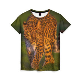 Женская футболка 3D с принтом Дальневосточный леопард в Петрозаводске, 100% полиэфир ( синтетическое хлопкоподобное полотно) | прямой крой, круглый вырез горловины, длина до линии бедер | Тематика изображения на принте: 