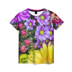 Женская футболка 3D с принтом Роскошные цветы в Петрозаводске, 100% полиэфир ( синтетическое хлопкоподобное полотно) | прямой крой, круглый вырез горловины, длина до линии бедер | аромат | астры | букет | вазон | великолепие | гвоздики | гиацинт | гортензия | калла | краски | красота | куст | лилия | орхидея | пион | подсолнух | полевые цветы | природа | растения | розы | ромашки