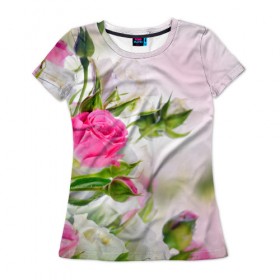 Женская футболка 3D с принтом Алые розы в Петрозаводске, 100% полиэфир ( синтетическое хлопкоподобное полотно) | прямой крой, круглый вырез горловины, длина до линии бедер | аромат | букет | вазон | великолепие | краски | красота | куст | нежность | природа | растения | розы | украшение | фауна | цветник | цветы