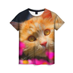 Женская футболка 3D с принтом Кошечка в Петрозаводске, 100% полиэфир ( синтетическое хлопкоподобное полотно) | прямой крой, круглый вырез горловины, длина до линии бедер | животные | кот | кошка | милая | рыжий