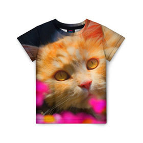 Детская футболка 3D с принтом Кошечка в Петрозаводске, 100% гипоаллергенный полиэфир | прямой крой, круглый вырез горловины, длина до линии бедер, чуть спущенное плечо, ткань немного тянется | Тематика изображения на принте: животные | кот | кошка | милая | рыжий