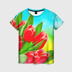 Женская футболка 3D с принтом Тюльпаны в Петрозаводске, 100% полиэфир ( синтетическое хлопкоподобное полотно) | прямой крой, круглый вырез горловины, длина до линии бедер | краснык | природа | тюльпан | цветок