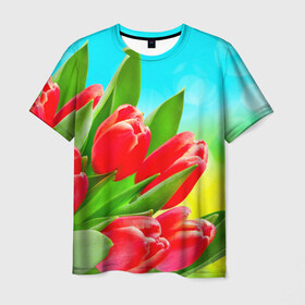 Мужская футболка 3D с принтом Тюльпаны в Петрозаводске, 100% полиэфир | прямой крой, круглый вырез горловины, длина до линии бедер | краснык | природа | тюльпан | цветок