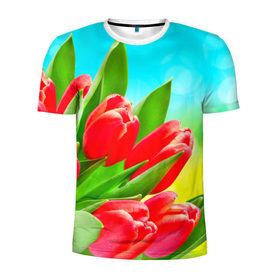 Мужская футболка 3D спортивная с принтом Тюльпаны в Петрозаводске, 100% полиэстер с улучшенными характеристиками | приталенный силуэт, круглая горловина, широкие плечи, сужается к линии бедра | Тематика изображения на принте: краснык | природа | тюльпан | цветок