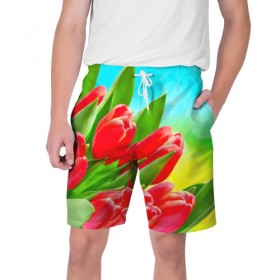 Мужские шорты 3D с принтом Тюльпаны в Петрозаводске,  полиэстер 100% | прямой крой, два кармана без застежек по бокам. Мягкая трикотажная резинка на поясе, внутри которой широкие завязки. Длина чуть выше колен | краснык | природа | тюльпан | цветок