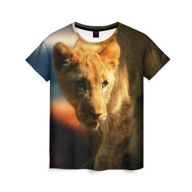 Женская футболка 3D с принтом Львица в Петрозаводске, 100% полиэфир ( синтетическое хлопкоподобное полотно) | прямой крой, круглый вырез горловины, длина до линии бедер | lion | голова животного | дикая кошка | кот | лев | цвет