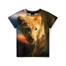 Детская футболка 3D с принтом Львица в Петрозаводске, 100% гипоаллергенный полиэфир | прямой крой, круглый вырез горловины, длина до линии бедер, чуть спущенное плечо, ткань немного тянется | Тематика изображения на принте: lion | голова животного | дикая кошка | кот | лев | цвет