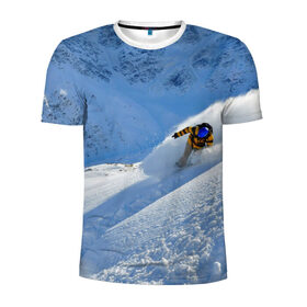 Мужская футболка 3D спортивная с принтом Спуск в Петрозаводске, 100% полиэстер с улучшенными характеристиками | приталенный силуэт, круглая горловина, широкие плечи, сужается к линии бедра | гора | зима | лыжник | снег | спорт | спуск